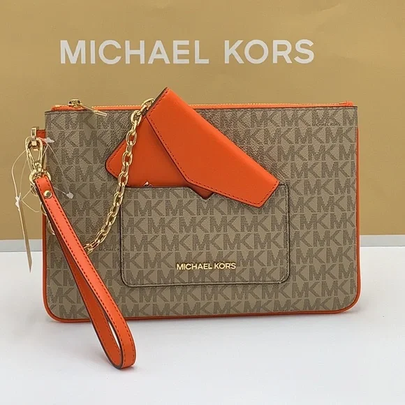 Michael Kors Jet Set LG 2 in 1 card case wristlet Wallet POPPY BROWN SIG… - Picture 9 of 16